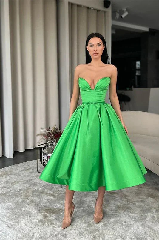 SSR1270, Green Sleeveless Tea Length Satin Prom Dresses, A-Line Evening Party Gown