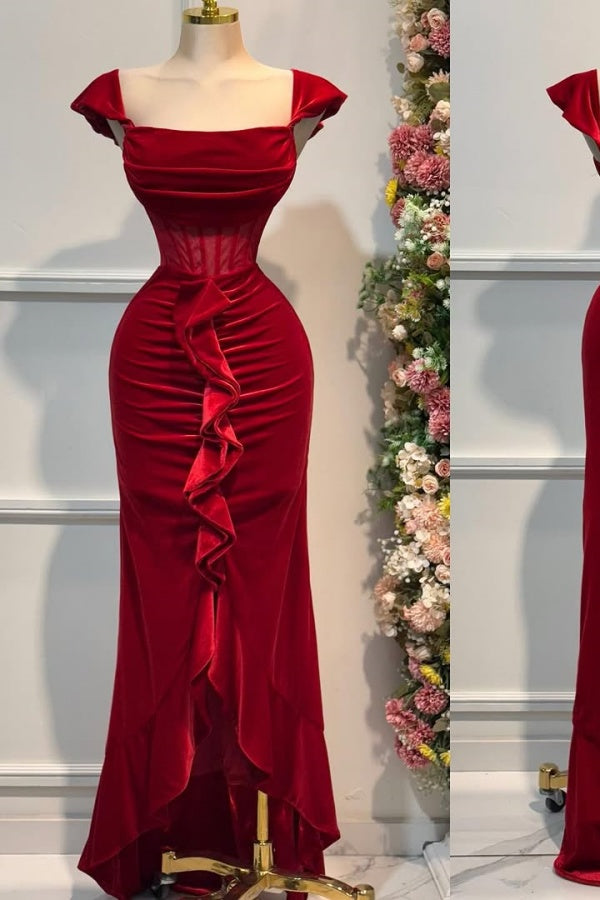 Red Ruffles Pleated Velvet Cup Straps Prom Dress ssr0462