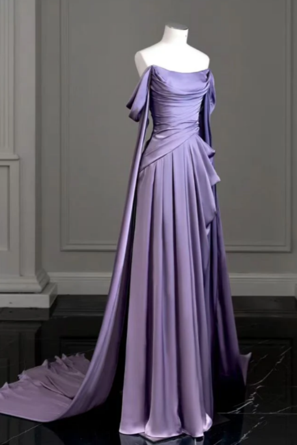 Purple Off-The-Shoulder Pleated Long Prom Dress With Trailing On Both Sides ssr0580