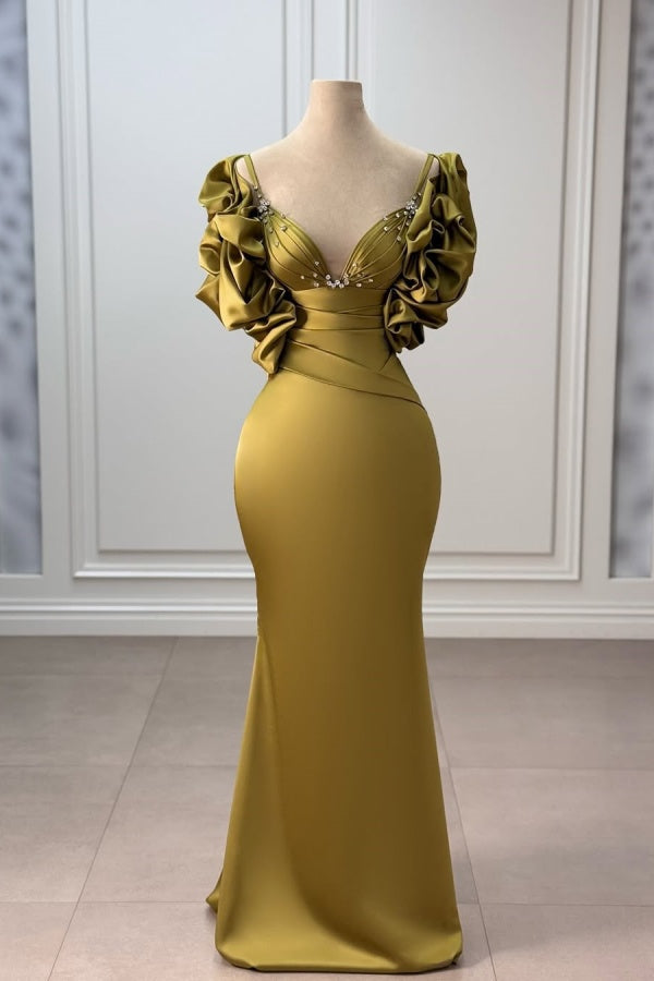 Green Pleated Neckline Beaded Ruffle Sleeves Prom Dress ssr0531