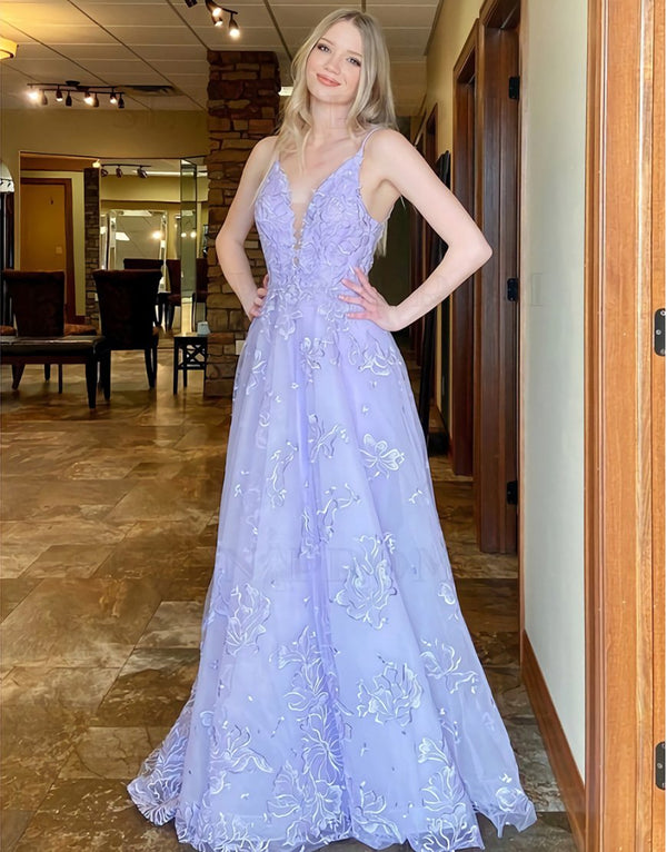 SSR0358,Charming lilac prom dresses lace a line v neck prom evening dress