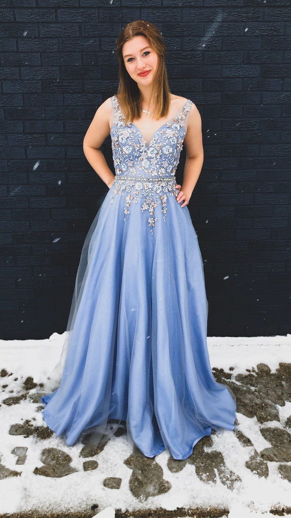 SSR0698,Cute v-neck long prom dress applique tulle prom evening dresses