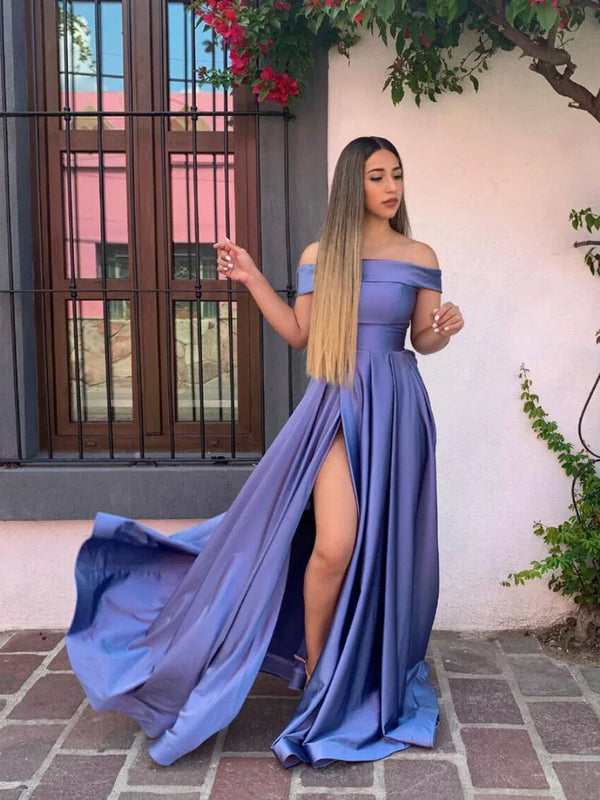 SSR1638,Off the shoulder purple long prom dresses,satin evening dresses with side slit