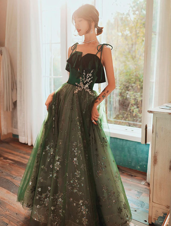 SSR0991,Green spaghetti straps prom dresses sparkle evening gown