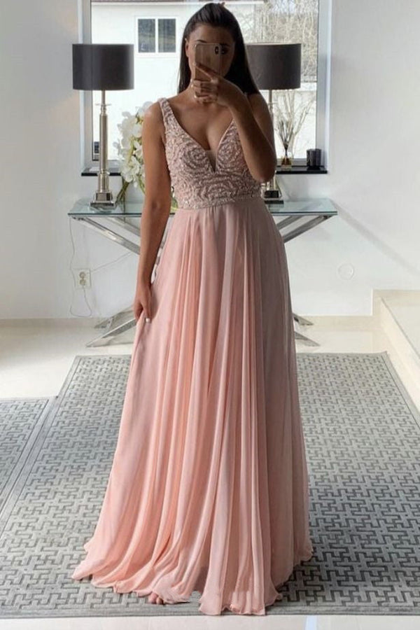 SSR0544,Blush Pink Chiffon Long Prom Dresses Beaded V-Neck Evening Dress