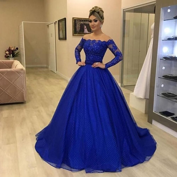 SSR0609,Royal blue prom dresses off the shoulder prom dresses long sleeve prom dresses beaded lace ball gown sweet 16 dress