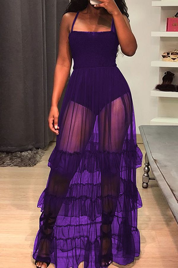 SSR0852,Lovely Trendy Spaghetti Strap Sleeveless See-Through Flounce Purple Cotton Blend Floor Length Prom Evening Dress