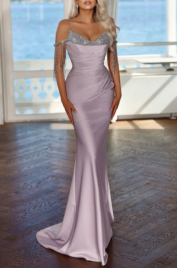Elegant Lavender long evening dress Spaghetti strap with Pleated Sequins Tassel
