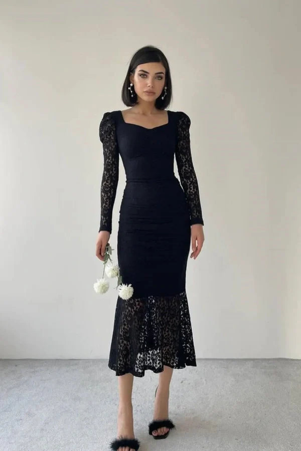 Black Slim Fit Lace Long Sleeves Prom Dress ssr0312