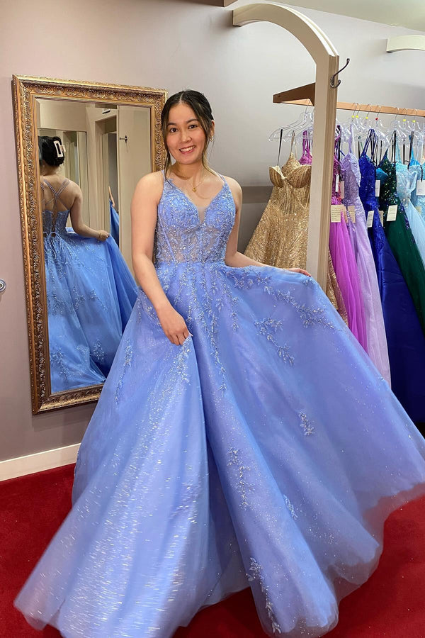 Straps Blue Appliques A-line Long Formal Dress