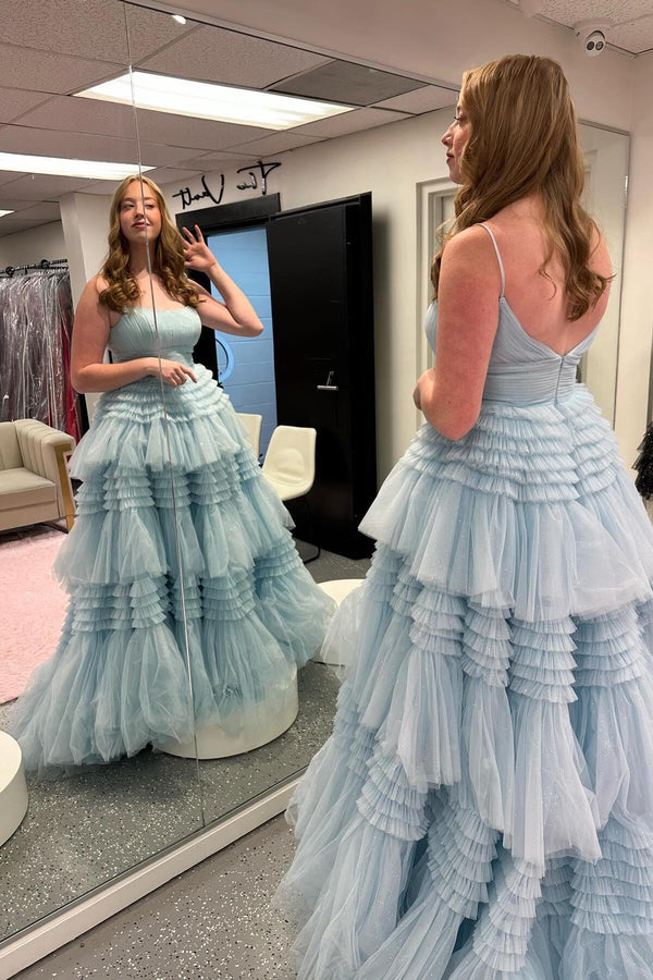 Straps Light Blue Tulle Ruffles A-line Formal Gown