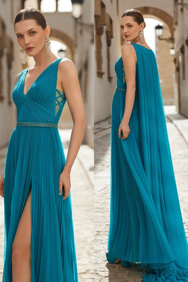 Elegant Jade V-Neck Long Split Prom Dress ssr0275