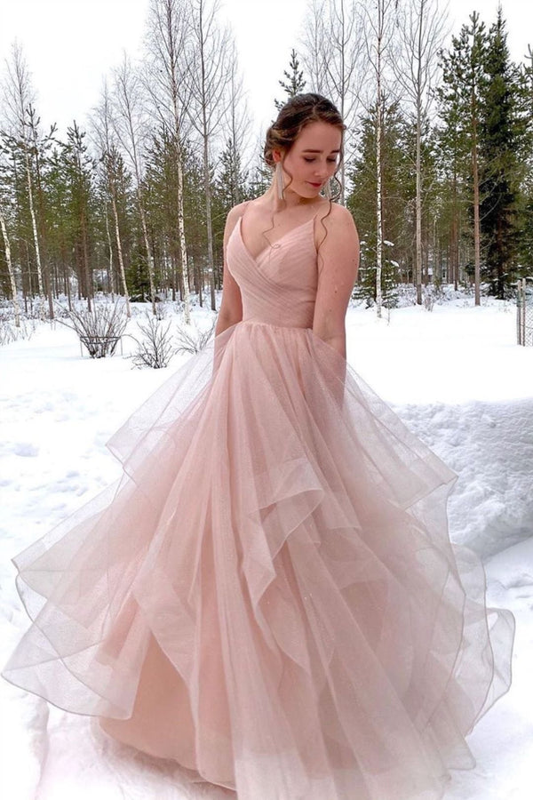 SSR1035,Gorgeous pink pleated evening prom dresses spaghetti straps ruffles tulle prom dress