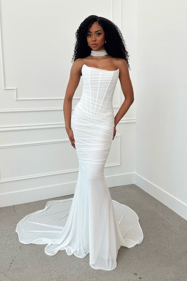 White Elegant Strapless Summer Mermaid Long Prom Dress ssr0595