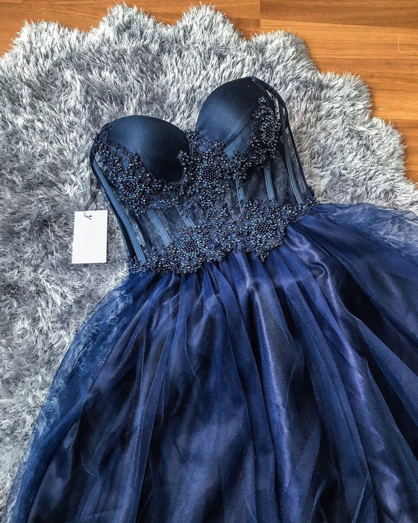 SSR0181,Blue applique beaded sweetheart tulle prom dress