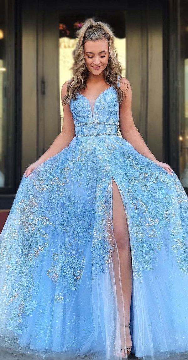 SSR0140,Sky blue applique v-neck beaded prom evening dresses