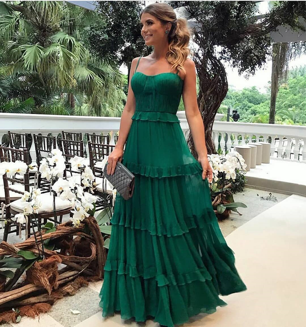 SSR0402,Green Prom Dress Ruffles Chiffon Long Prom Dresses Spaghetti Straps Evening Gown