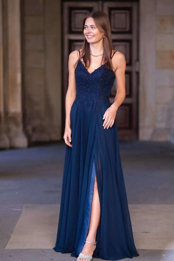 Dark Navy Chiffon Split Appliques Prom Dress ssr0520