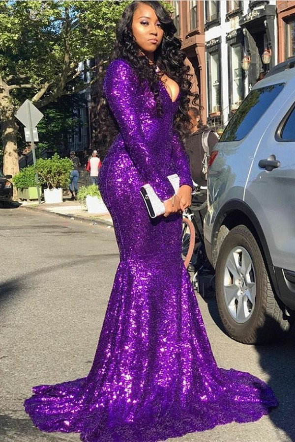 SSR0348,Purple mermaid long prom dresses v-neck trumpet evening dresses long sleeves prom dress