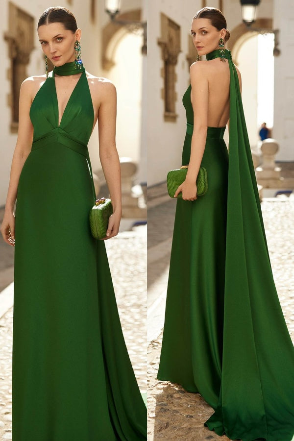 Elegant Green Halter Backless Long Prom Dress ssr0274