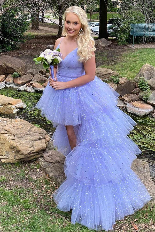 SSR1051,Glitter Hi-Low Lavender Tiered Tulle Prom Dress