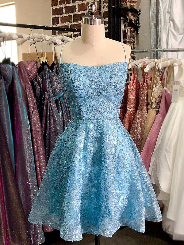 SSR0518,Blue spaghetti straps mini prom dress homecoming dress lace party gown