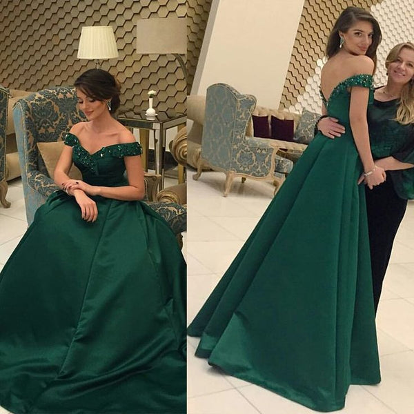 SSR0769,Off the shoulder a-line beaded satin prom dresses green long evening party dress