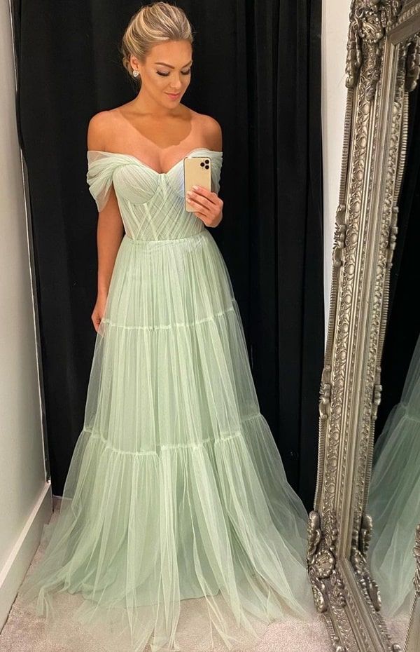 SSR0745,Mint green tulle prom dresses off the shoulder evening dress