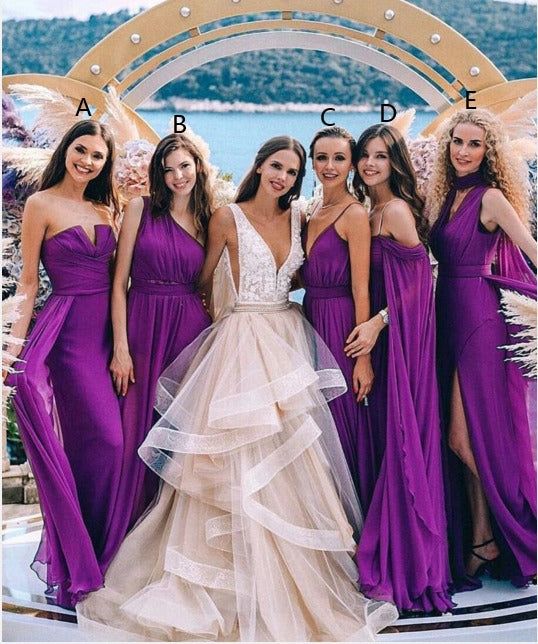 Purple Chiffon Floor Length Bridesmaid Dresses, SSR3292