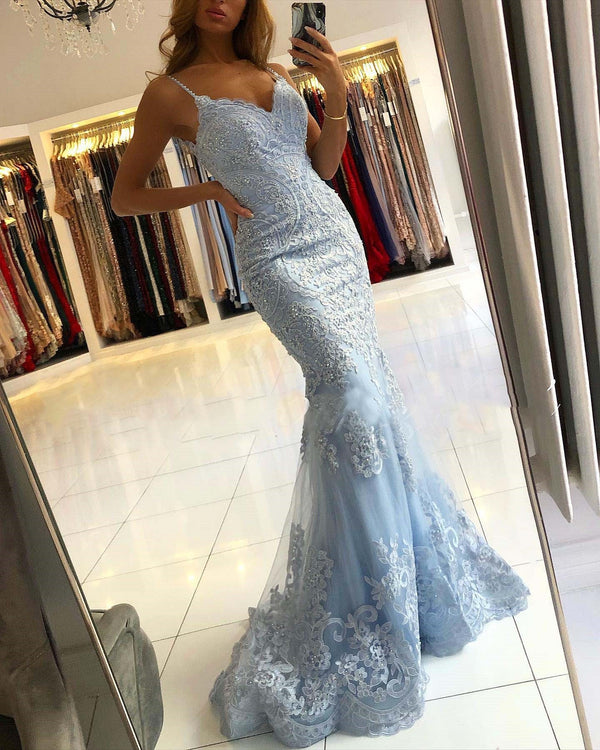 SSR0594,Luxury blue lace mermaid prom dress light blue evening party dresses
