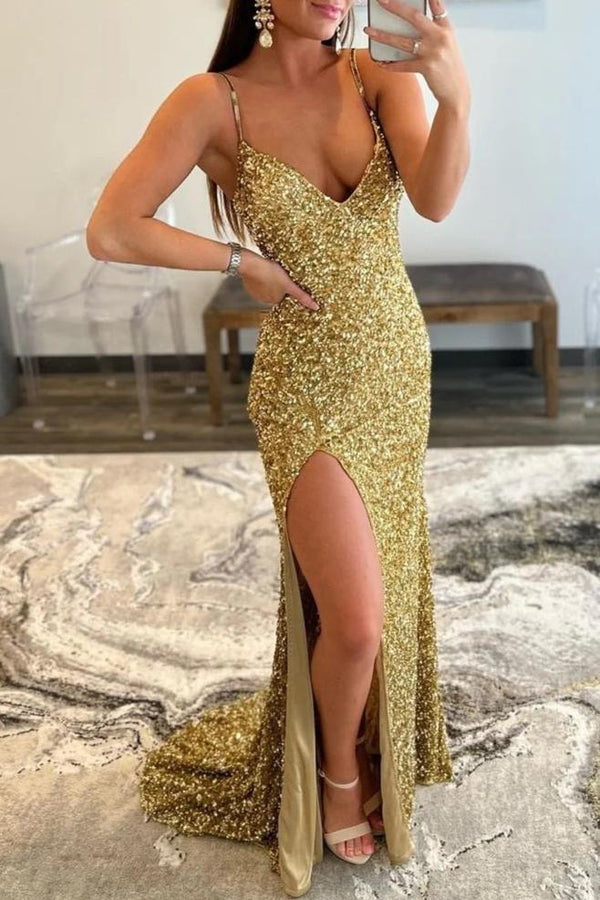 Arlene |?Charming Mermaid V Nekc Gold Sequins Long Prom Dresses with Slit