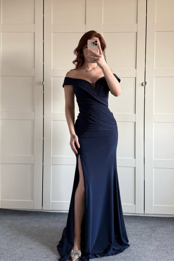Dark Navy Elegant Split Off-The-Shoulder Prom Dress ssr0574