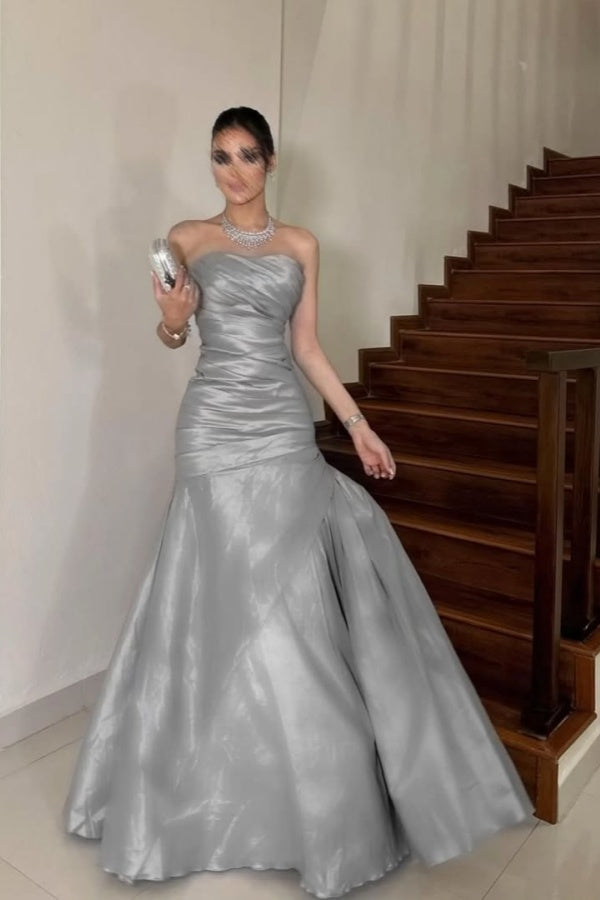 Silver Mermaid Mesh Strapless Pleated Prom Dress ssr0493