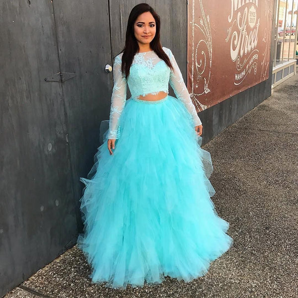 SSR1002,Two pieces prom dresses long sleeves lace tulle evening formal dress