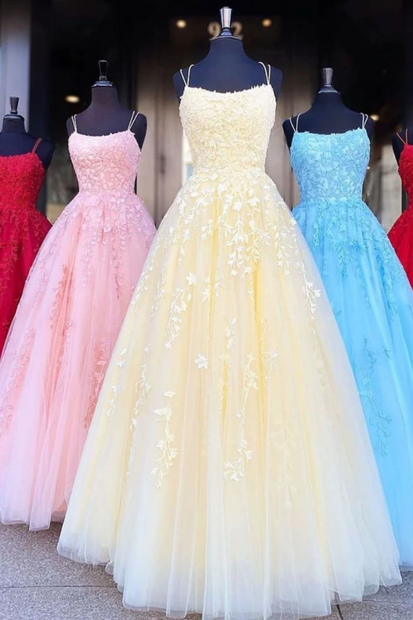 SSR0033,Princess Straps Long Prom Dress with Lace Appliques