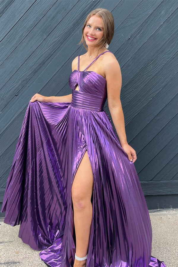 Halter Purple A-line Prom Dress with Slit