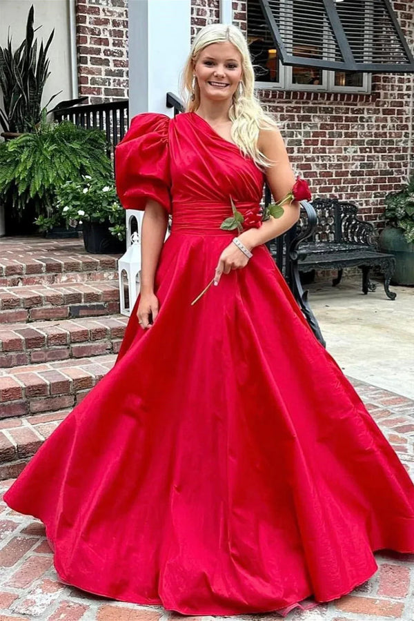 One Shoulder Red Satin A-Line Formal Gown Long Prom Dress 2025