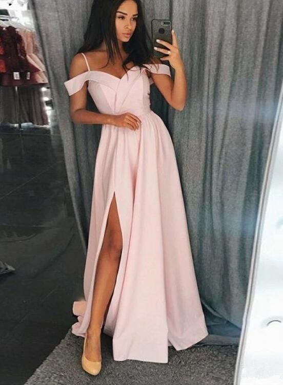 SSR0129,Off Shoulder Pink Long Prom Dresses Satin Long Formal Dresses with Leg Slit Pink Party Dress