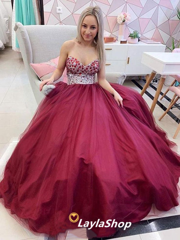 SSR0095,Sweetheart Burgundy Sleeveless A Line Prom Dress with Beading