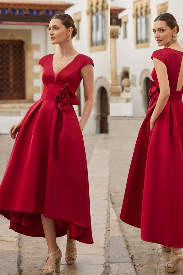 Red Flower Short Ankle Length Prom Dress ssr0277