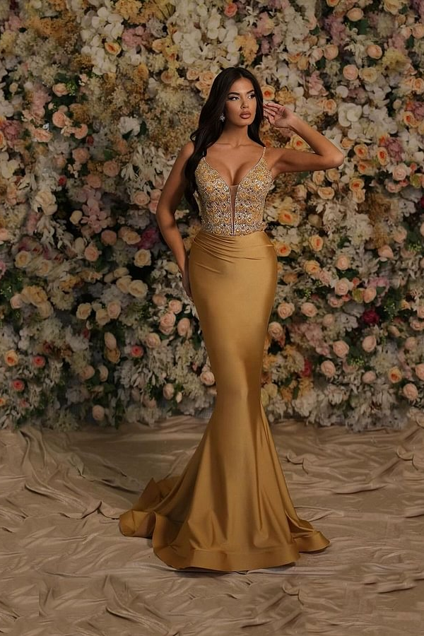 Dark Gold Spaghetti-Straps Mermaid Embroidery Prom Dress ssr0009