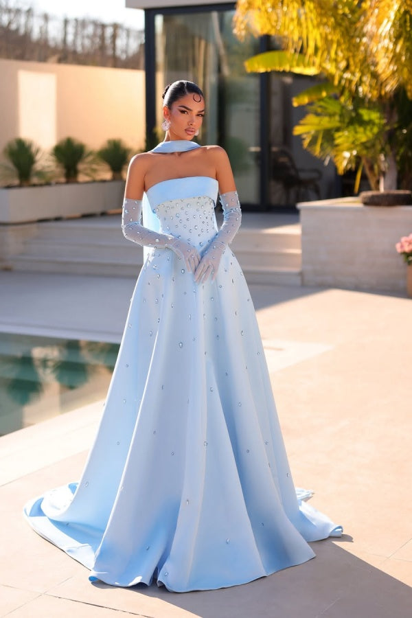 Light Blue Strapless A-Line Beaded Rhinestones Prom Dress With Gloves And Scarf ssr0638