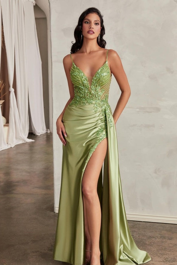 Green Embroidery Split Spaghetti Straps Prom Dress ssr0293
