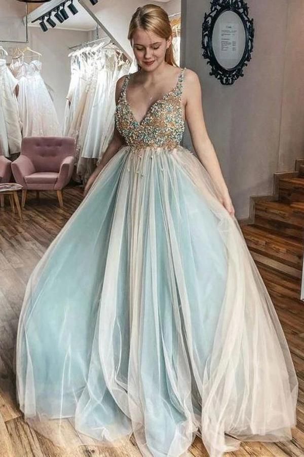 SSR0111,Tulle A-line V-neck Beaded Evening Dress Sweep Train Senior Prom Dress