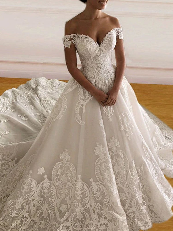 SSR1201,Vintage Lace Embroidery Wedding Dress Ball Gown Off The Shoulder Bridal Gown
