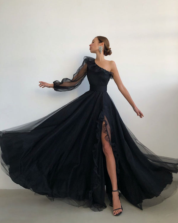 SSR0619,Black one shoulder prom dress with ruffles side slit long evening formal dresses