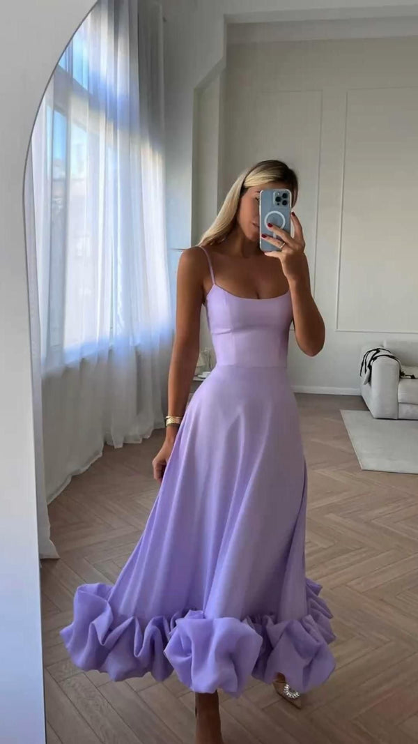 SSR1648,Spaghetti Straps Lilac A-Line Prom Dresses,Tea Length Satin Evening Formal Gown