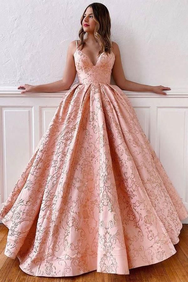 SSR0059,Princess Satin Ball Gown V-neck Straps Cross Back Blush Pink Long Prom Dresses