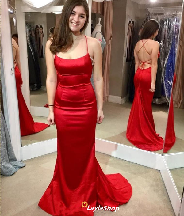SSR0684,Red spaghetti straps mermaid long prom dress cross back satin red dress long ball gown