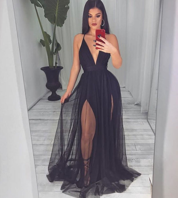 SSR0365,Sexy black tulle v neck prom dresses halter long prom evening dress